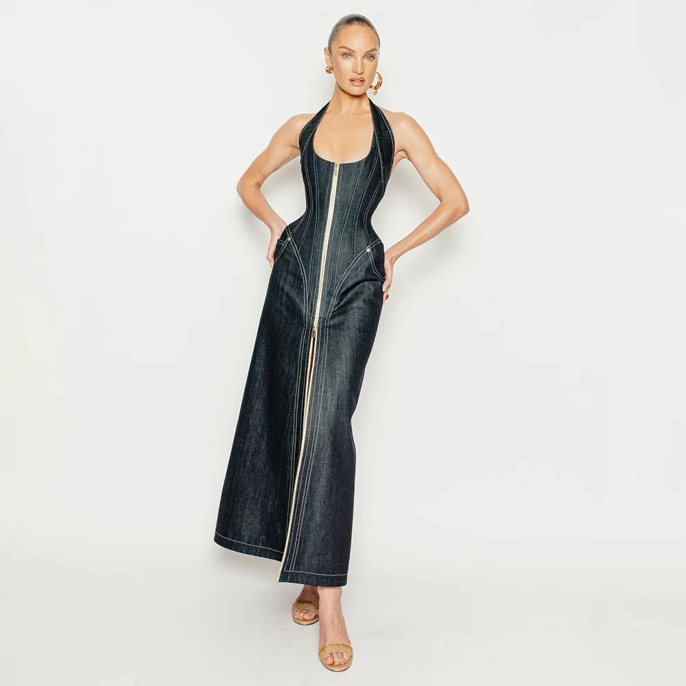 LEOSOXS ผ้ายีนส์คอเชือกแขวนคอแม็กซี่เดรสเปิดหลังซิปด้านหน้าผ่าเข้ารูปพอดีชุดราตรีชุดราตรีสไตล์ค็อกเทลชุดอย่างเป็นทางการ