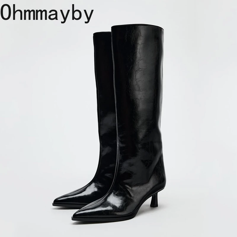 

Fashion Thick Heels Women Knee High Boots Autumn Winter Sexy Pointed Toe Stripper Party Shoes Modern Long Botas Para Mujer