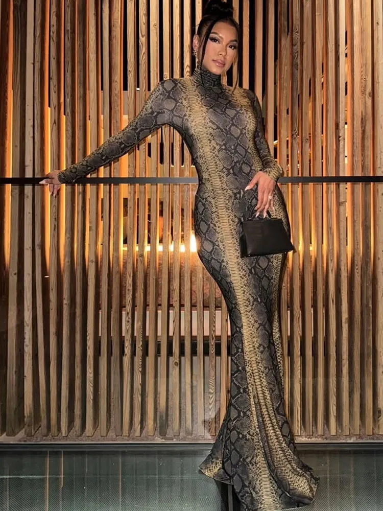 奇妙な猫セクシーな蛇紋様ドレス女性スキニー秋タートルネックフルスリーブミッドナイトパーティーヒップスターストレッチクラブウェア Vestidos