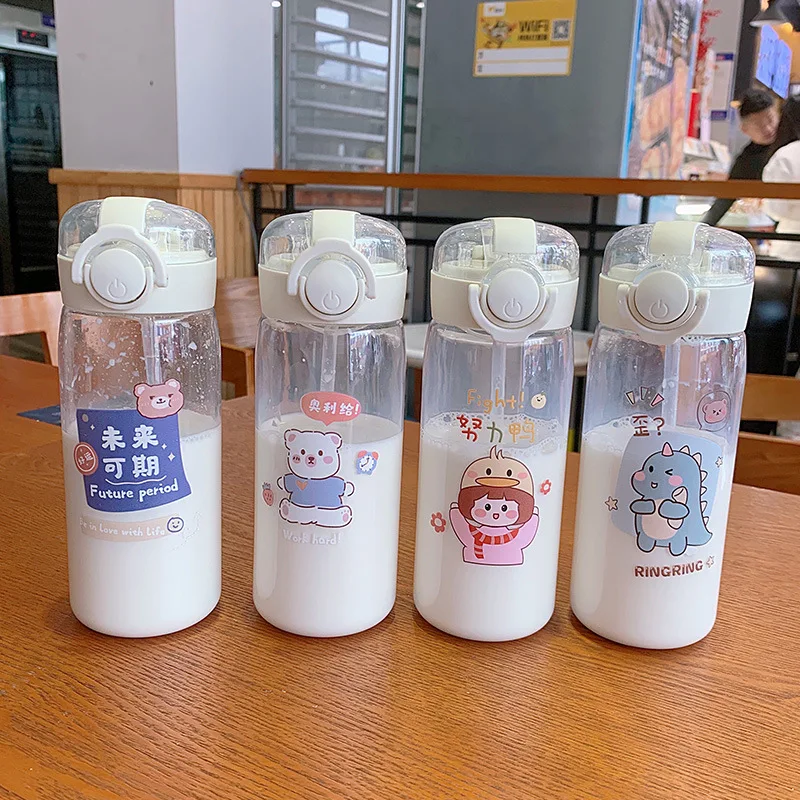 DIY 400MLSchool Bottle Plastic Customize Print Name Kid\'s Children Cup Straw Tube Ring Handle Easy Take Food Safety Material