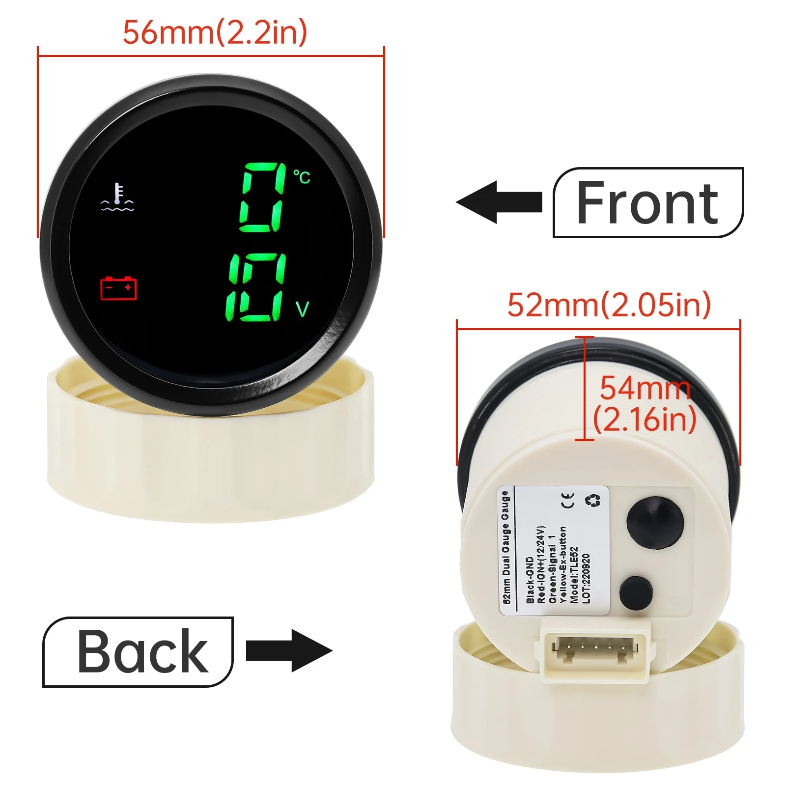 2 In 1 Digit Water Temprature + Volt Gauge With Red Backlight Waterproof Water Temp Gauge Fahrenheit&Celsius Adjustment 12/24V