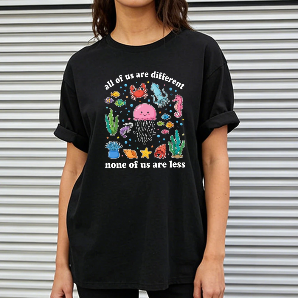 Autism Awareness Women T-Shirt Neurodivergent Crew Neck Short Sleeve Cartoon Sea Creatures Jellyfish Crab Octopus