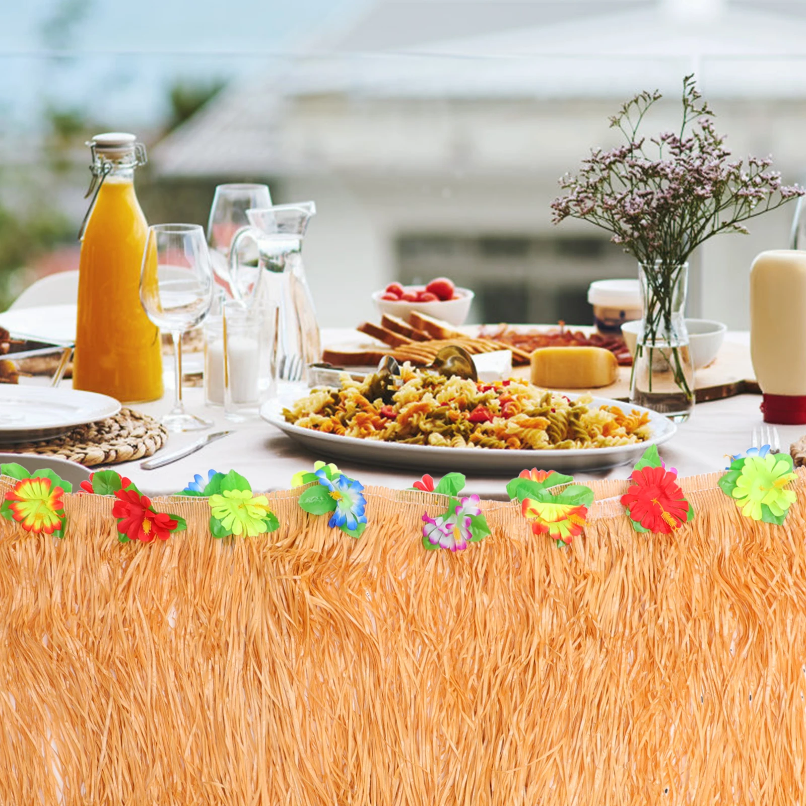 

Luau Table Big Flower Fringe Tassel Table Skirts For Wedding Party Backdrop Grass Wedding Festive DIY Decor Tiki Bar Props