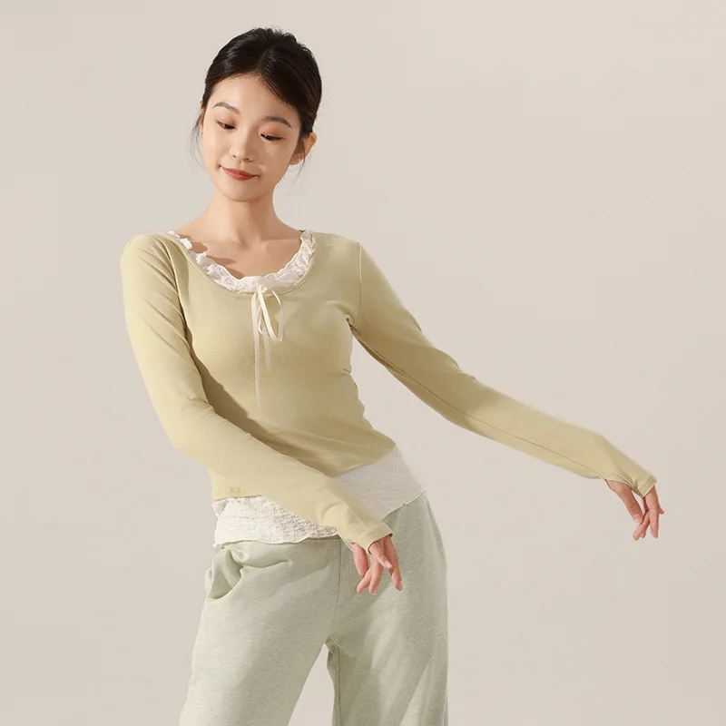 ملابس الرقص النسائية ملابس الرقص الحديثة الخريف والشتاء الدانتيل الربط ملابس الجسم الرقص طويلة الأكمام قمم رقيقة