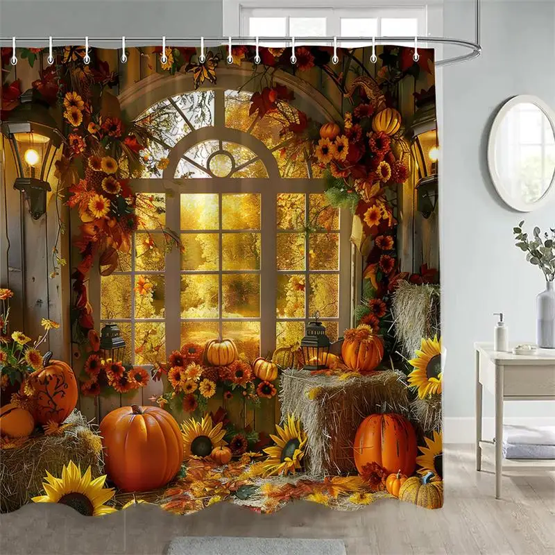 Autumn Barn Shower Curtain Sunflower Pumpkin Red Maple Leaves Fall Farm Landscape Bath Curtains Fabric Home Bathroom Decor Set