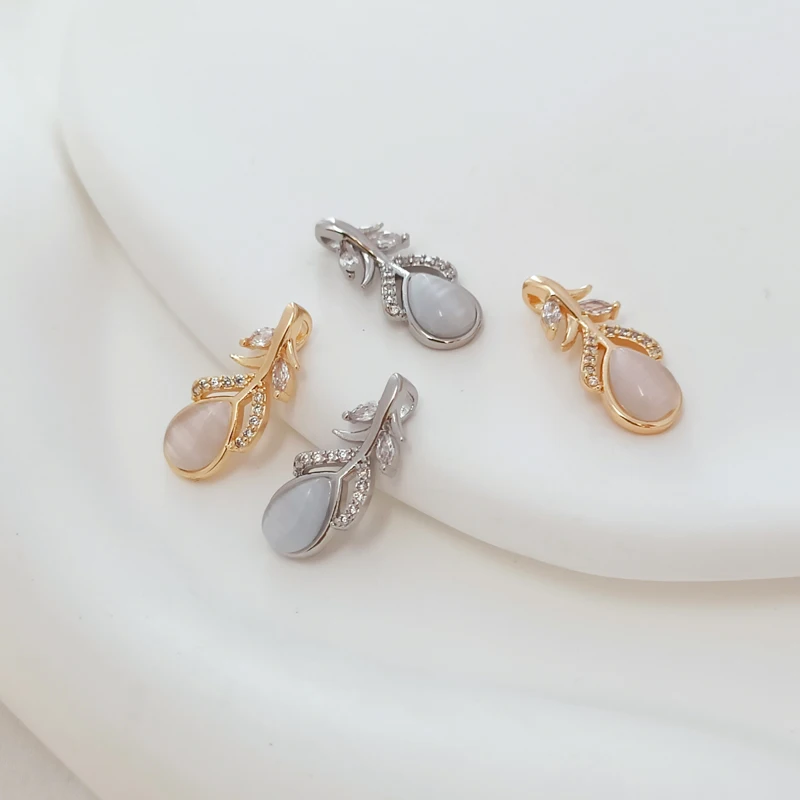 14K White K Inlaid Cat's Eye Zircon Branch and Leaf Pendant Bracelet Necklace Pendant DIY Accessory