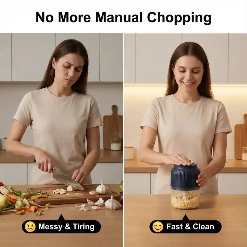 1pcs Electric Garlic Chopper, 4 Sharp Blades，Portable Veggie Chopper, 300ML Garlic Grinder Masher Onion Chopper, Blender to Vegetable, Cordless Food Processor for Ginger, Chili, Fruit, Meat, Spices, Beans, etc