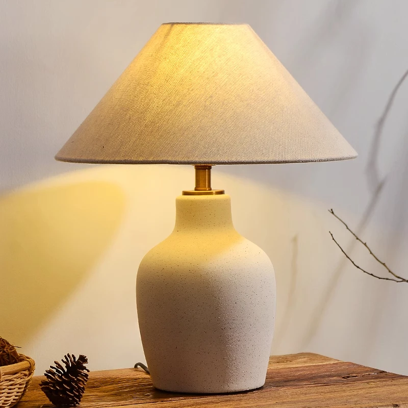 Vintage Ceramic Table Lamp, Modern Minimalist Small Desk Light for Bedroom, Bedside & Nightstand with Wabi-Sabi Design