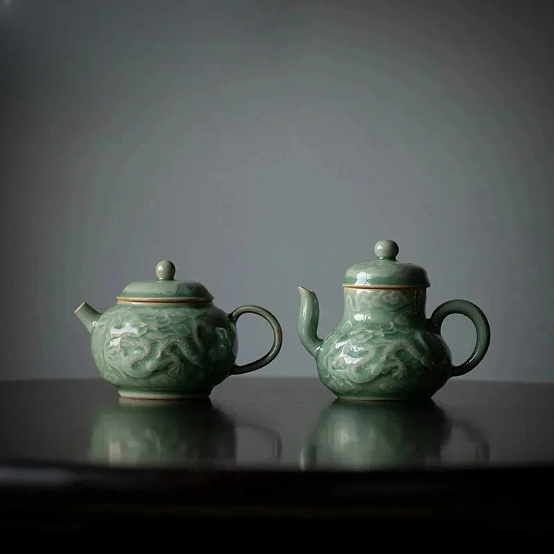 Boutique Yue Kiln Celadon Ceramic Teapot Relief Dragon And Phoenix Art Single Pot With Filter Household Kung Fu Tea Maker Tools