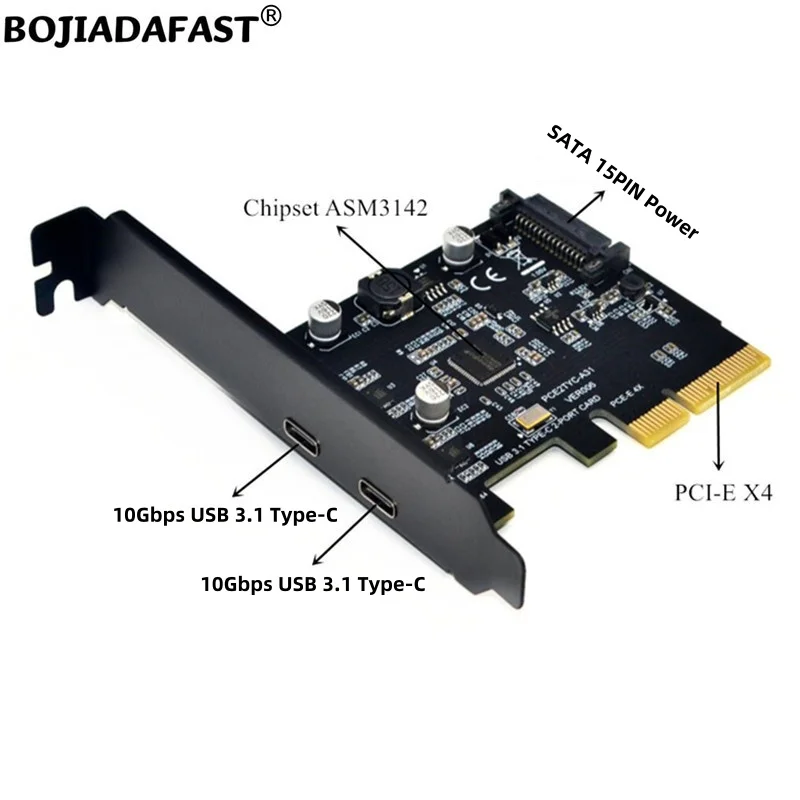 

10Gbps 2 x USB 3.1 Type-C Connector To PCI Express X4 PCI-E 4X Expansion Riser Card ASM3142 With SATA 15PIN Power Port