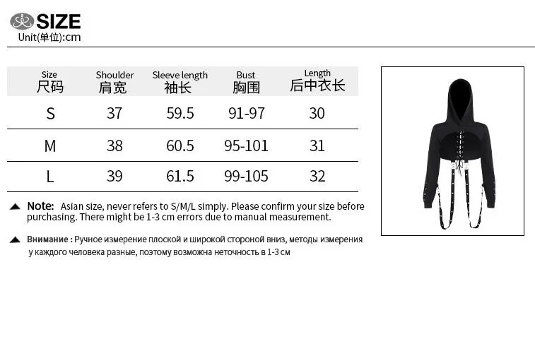 เสื้อครอปแบบมีตาไก่แขนยาวสไตล์โกธิคมีฮู้ดเสื้อมีฮู้ดเสื้อมีสายรัดและด้านหลังแบบผูกเชือก