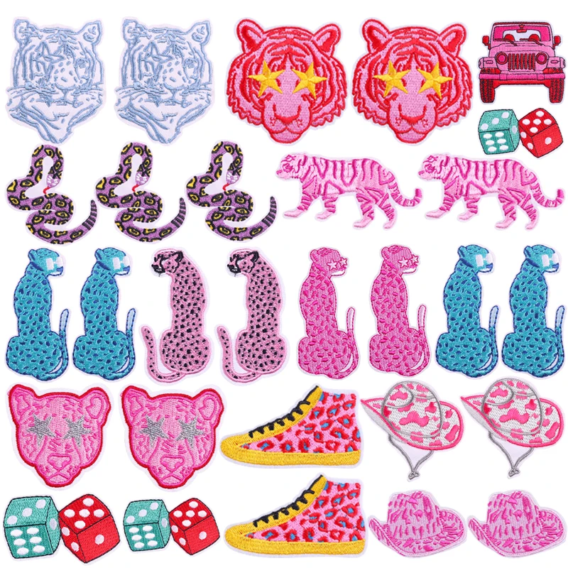 10PCS Pink And Blue Leopard Embroidered Patches Cartoon Shoes Hat Iron On Patches For Clothing Backpack Jakets Sew Patch Badges