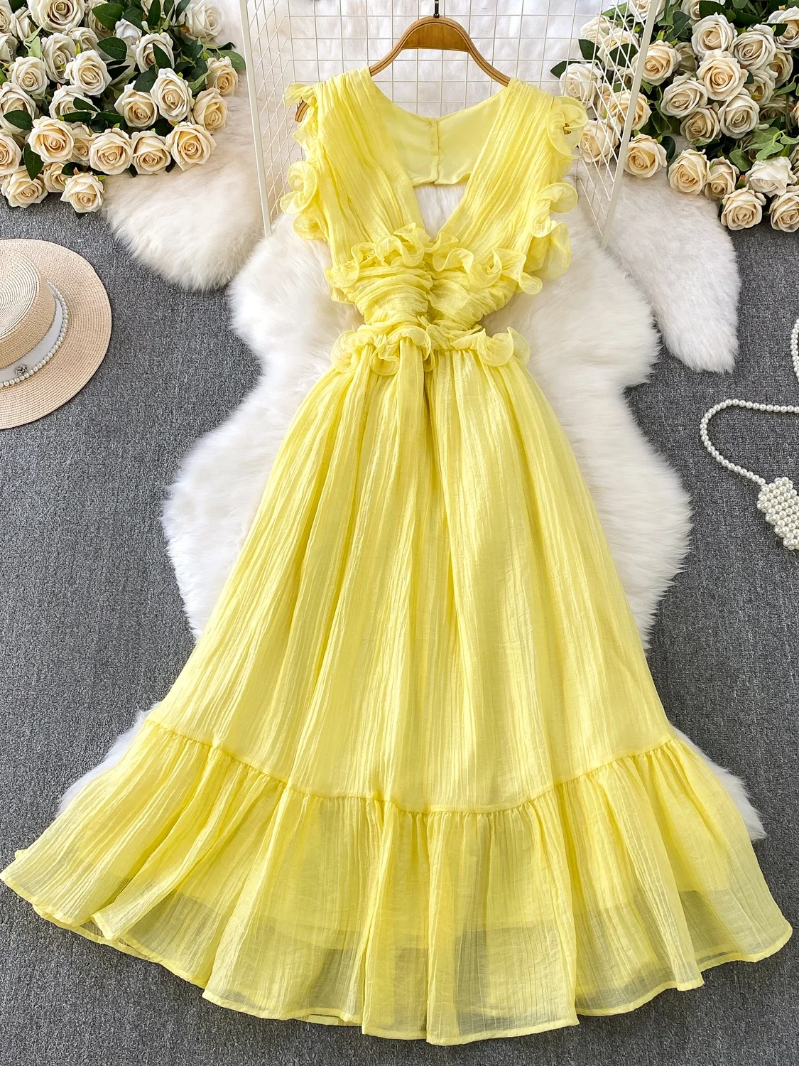 

Sexy Hollow out Ba V-Ne Long Dr Women's Autumn Winter Sweet Fluffy Fairy Skirt High Waist A-Line Gown No Sve Loose Fit