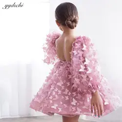 Customized Lovely Pink Flower Girl Dress For Wedding 2024 3D Butterfly Appliques Backless Birthday Party First Communion Gown