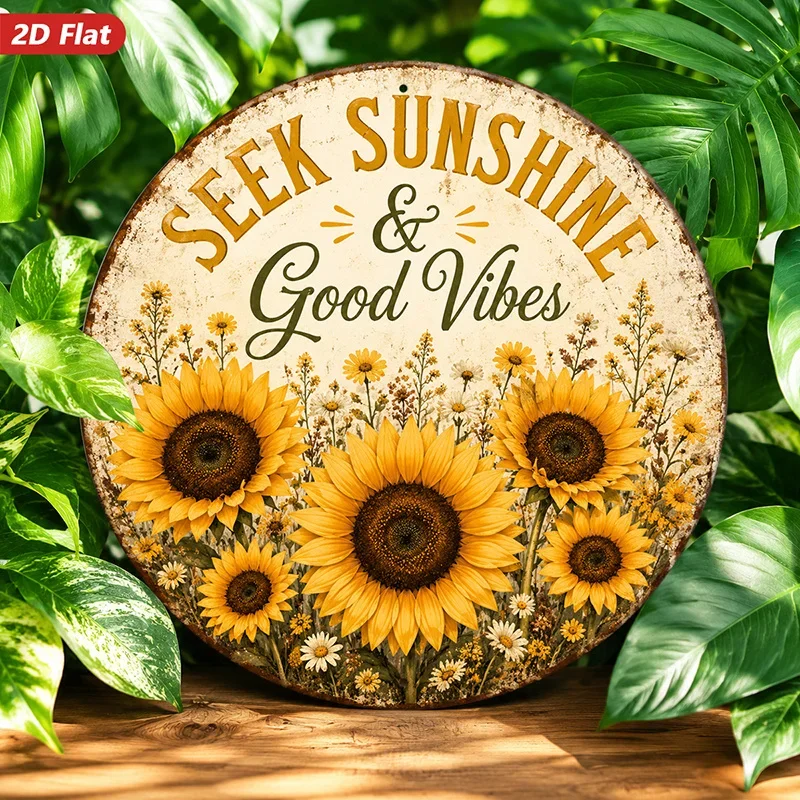 2D Flat, 1pc Sunflower Positivity Round Metal Sign Wall Art, Perfect for Workspace Garden, Seek Sunshine Quote, Home Decor, Good