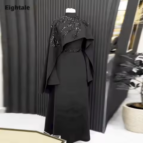 Eightale Arabic Evening Dress High Neck Customized Beaded Cape Sleeves Black Muslim Prom Wedding Party Gowns
