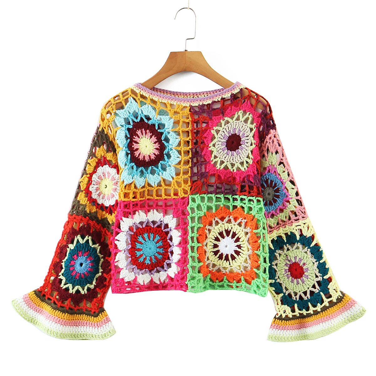 Harajuku Handmade Hollow Out Crochet Geometric Short Bat Sleeve Women Summer Cropped Pullovers Retro Holiday Sweater Tops