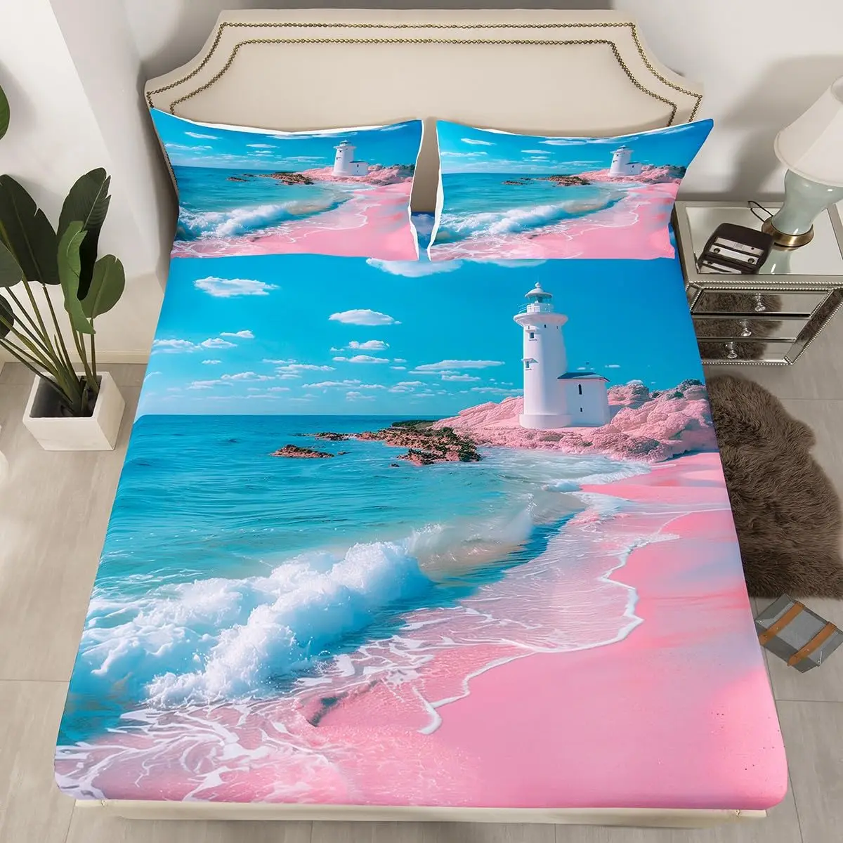 Nautical Lighthouse Fitted Sheet Sea Wave Bed Sheet,Ocean Landscape Print Sheet Islands Coastal Bed Sheets Set with Deep Pocket