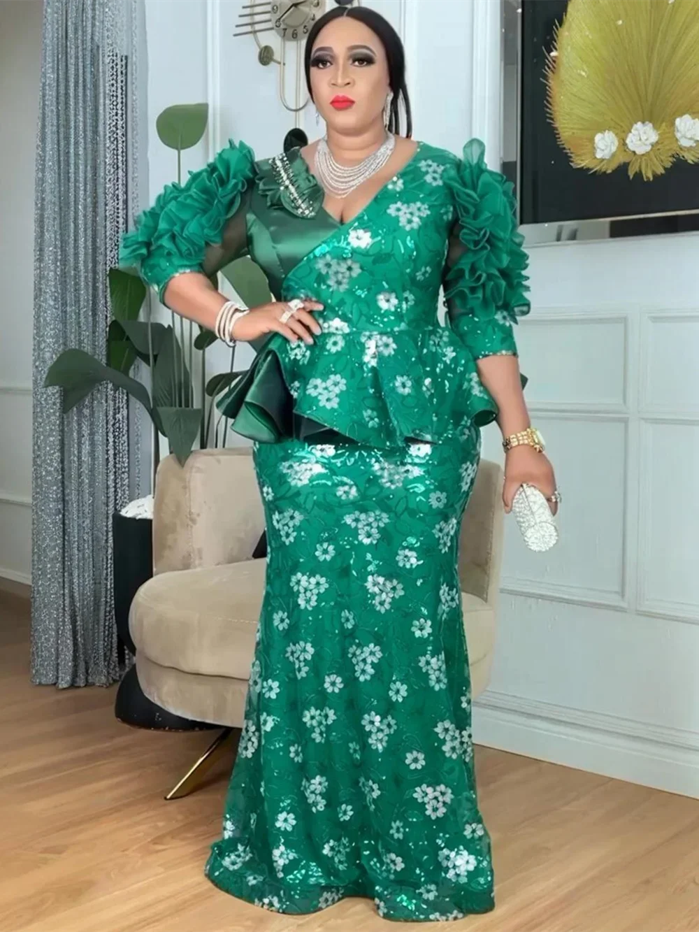 

Африканские вечерние платья больших размеров для женщин, Дашики, сексуальное облегающее длинное платье с блестками, элегантное модное мусульманское свадебное вечернее платье