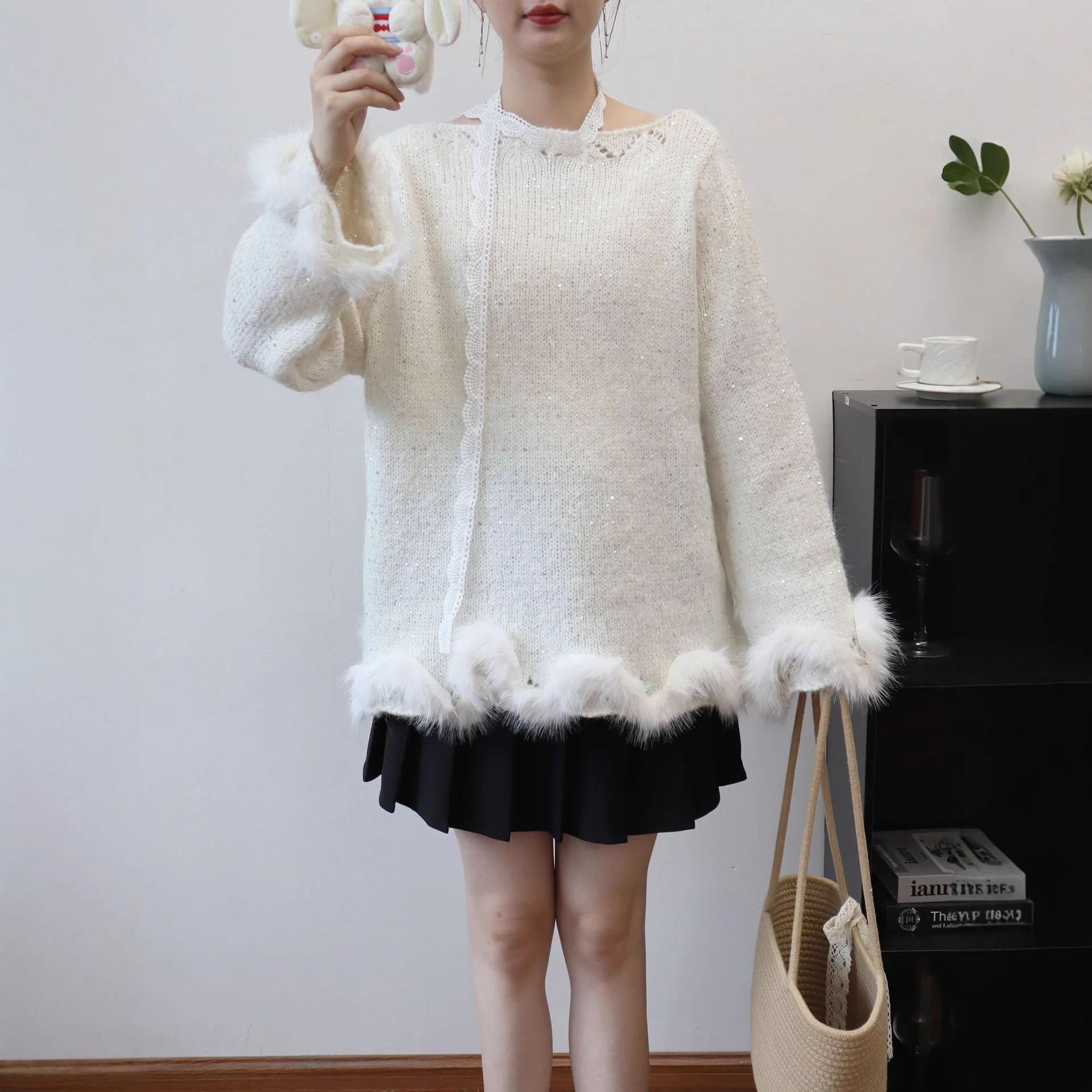 Süße Koreanische Gestrickte Pullover Frauen Herbst Winter Faux Pelz Jumper Weibliche Japanische Kawaii Jumper Vintage Elegante Pullover