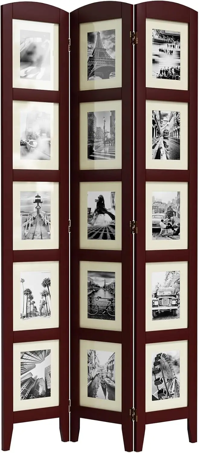 3 Panel Photo Room Divider Screen, Walnut | Room Separation Divider For 8X10 Frame Without Mat, 5X7 Photo With Mat, Foldable, Mo