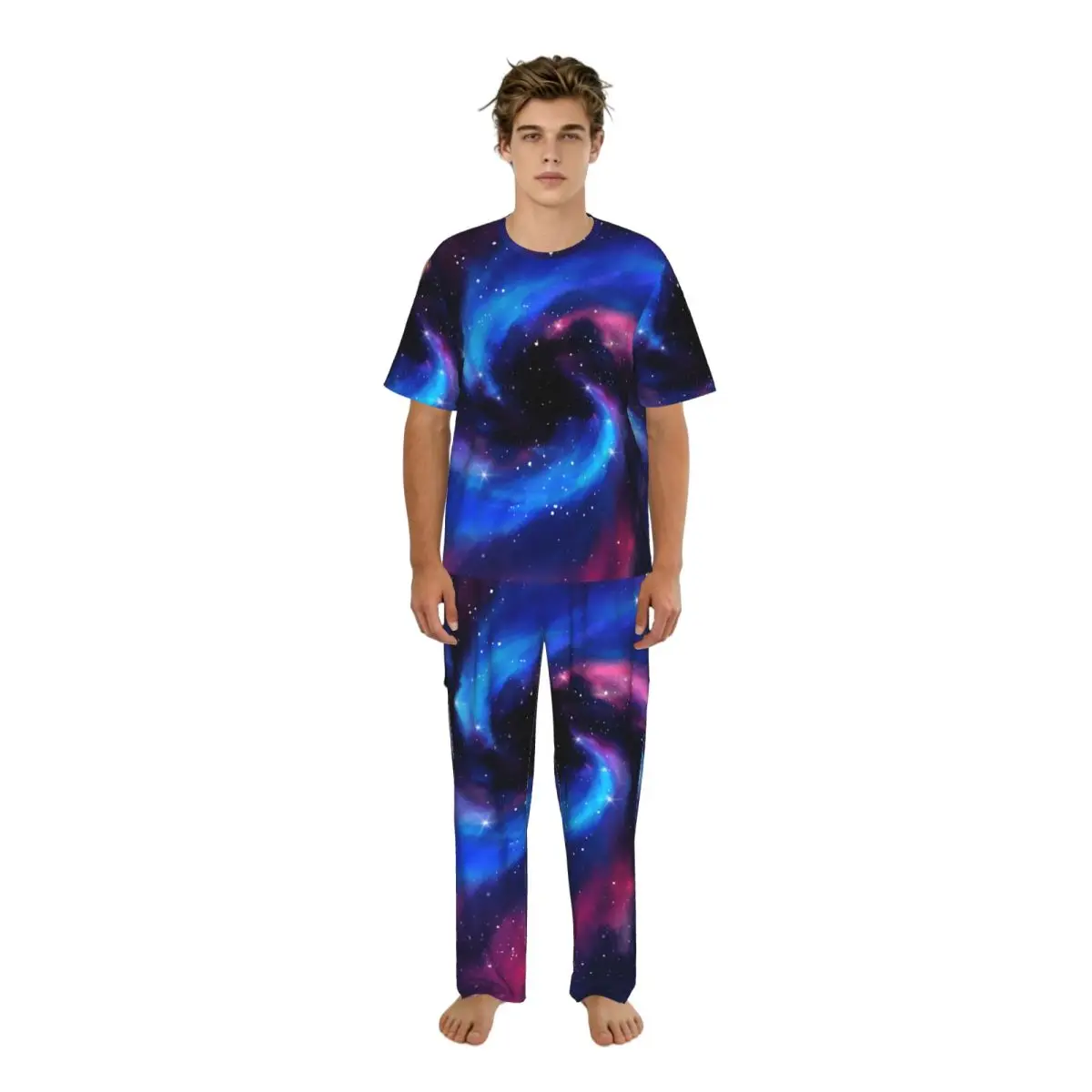 

Men's Casual Pajamas Sets Short Sleeve and Pants Sets Male Sleepwear Watercolor Galaxy Space Home Clothes