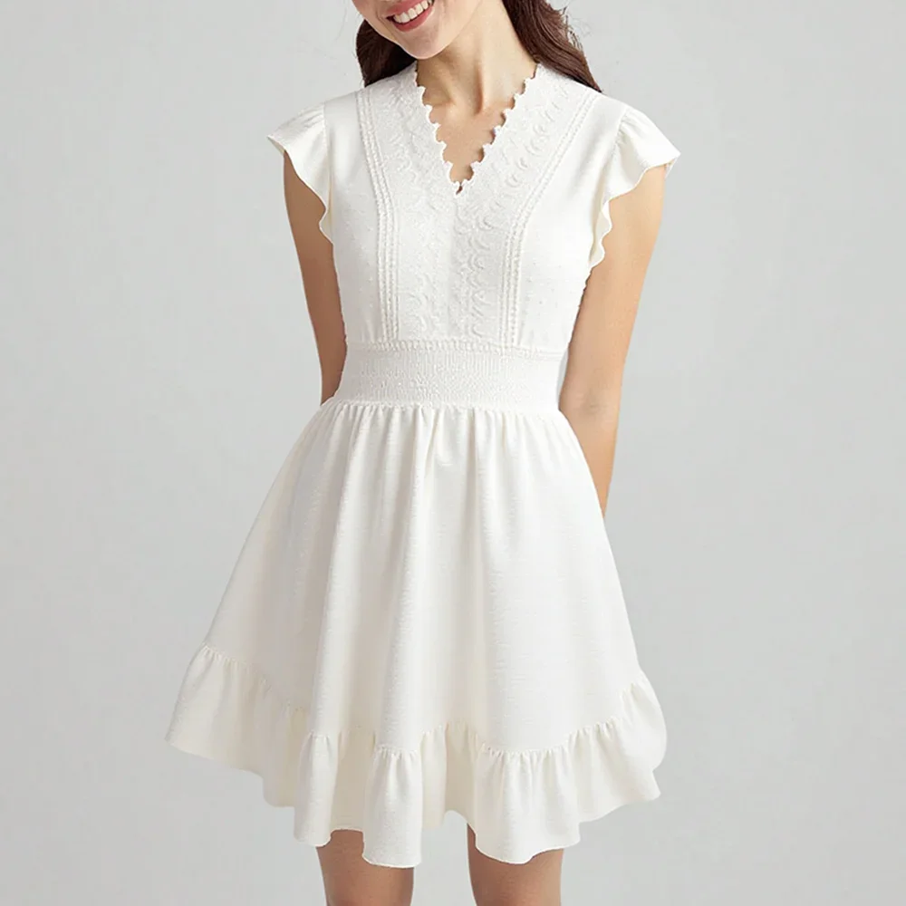 Sukienki Letnie Francuskie Gładkie Żakardowe Krótkie Falbanki na Ramionach Dekolt w Serek Marszczenie Falbana Mini Rozkloszowane Sukienki dla Kobiet
