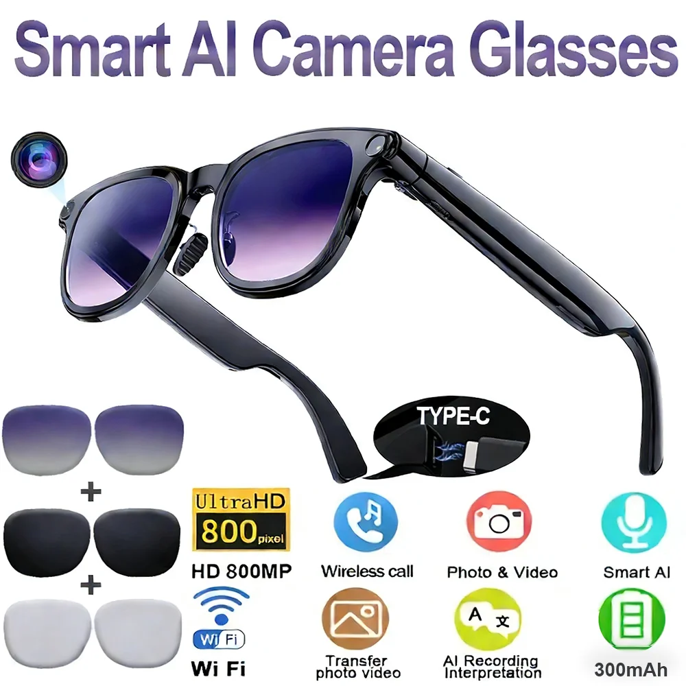 

New 3in1 8k Smart AI Bluetooth Glasses HD 800W pixel Shooting Waterproof Camera Photo Video Voice Call Translation Smart Glasses