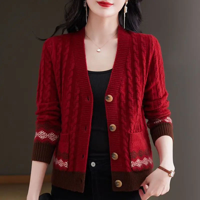 Knits Spring and Autumn New V-neck Sweater Coat Loose Wear Versatile Fried Dough Twists Knit Underlay Cardigan