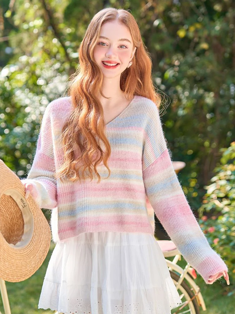 Jmprs Cute Japan Rainbow Sweaters Women Sweet Fashion Knitted Pullovers Casual Preppy Style Long Sleeve Female V Neck Jumper Top