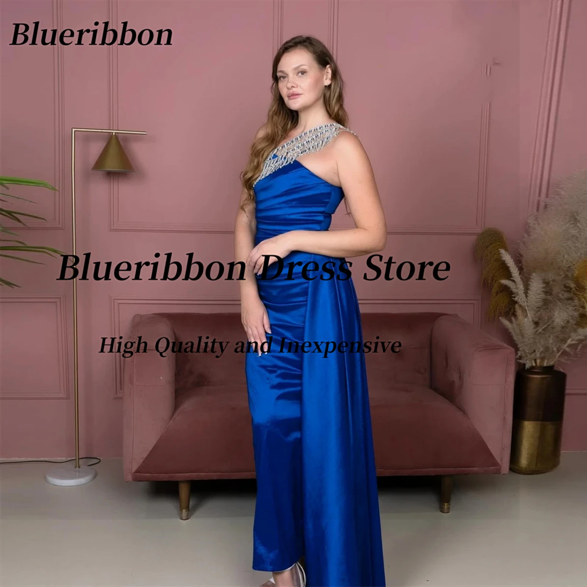 

Blueribbon Robe Des Soiree Bespoke Tassels One Shoulder Prom Dresses Zipper Back Slit Royal Blue Evening Party Gowns Customized