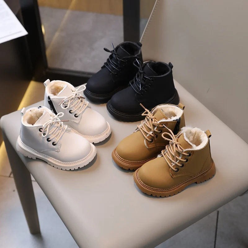 Fashion Kids Boys Girls Martin Boots British Style Winter Warm Velvet Short Boots Children Casual Anti-slip Zipper Leather Shoes