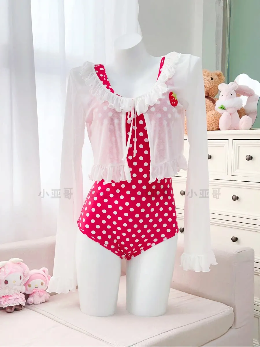Summer Girl's Swimwear Japanese Style Polka Dot One-piece Swimsuit Women's Backless Slimming with Chest Kawaii Swim Suit Women