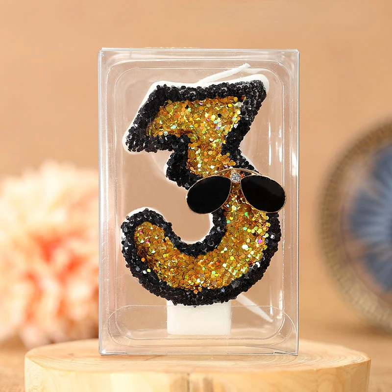 Y Children Birthday Candles 0-9 Number Yellow Sequins Candle with Sunglasses Festive Candle for Anniversary Cake Party Celebrate