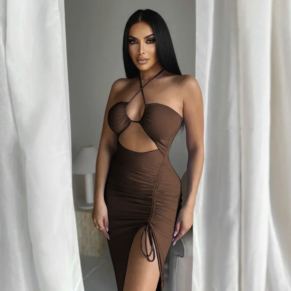 Caliente verano Sexy Halter espalda descubierta sin mangas recortado Maxi Vestido para mujeres elegante Club fiesta vestidos con abertura Vestido