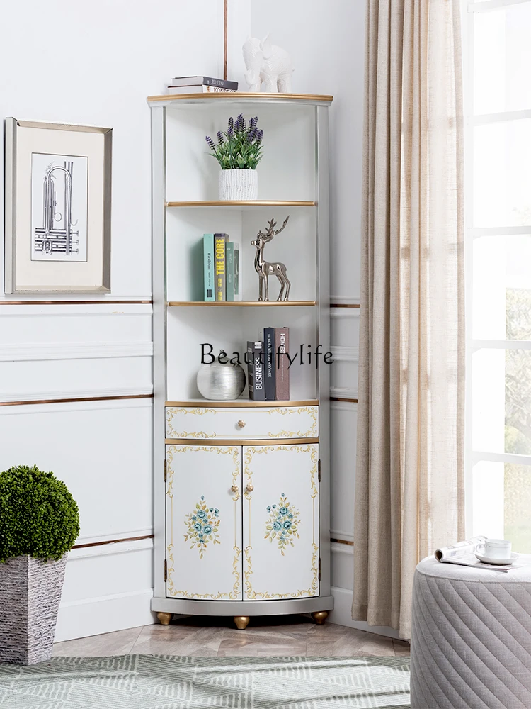 European Style Wine Cabinet Corner Cabinet American Solid Wood Painted Corner Cabinet Living Room Corner Shelf Curio