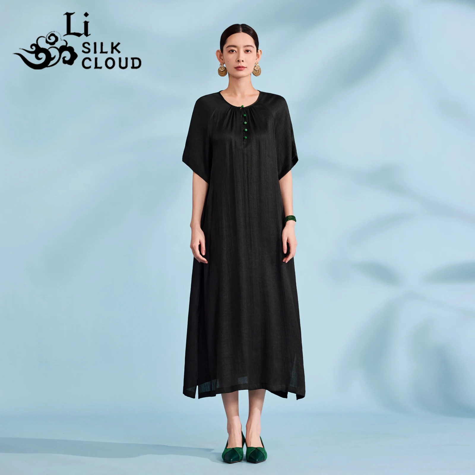 LI SILK CLOUD プレミアムシルク香雲紗秋ワンピース - オリエンタルな中国の魅力、100%桑絹＆繊細な柔らかさ