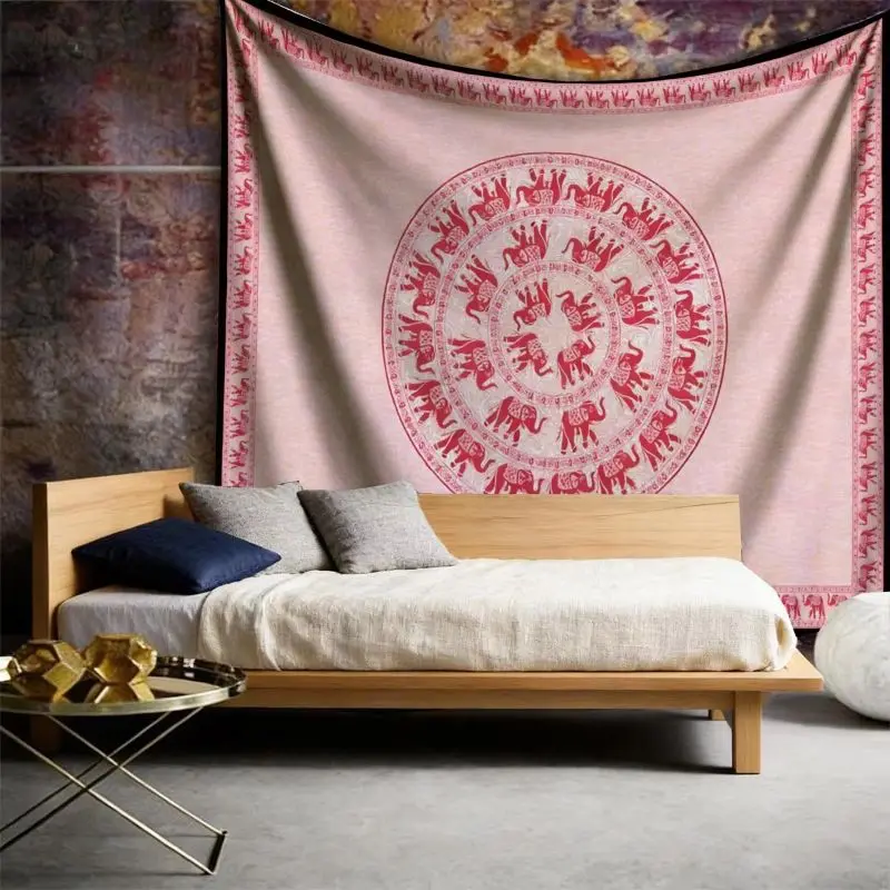 VIKAMA Blush Elephant Mandala Wall Hanging Tapestry for Living Room Dorm Aesthetic Soft Hippie Boho Retro Trendy Home Decor