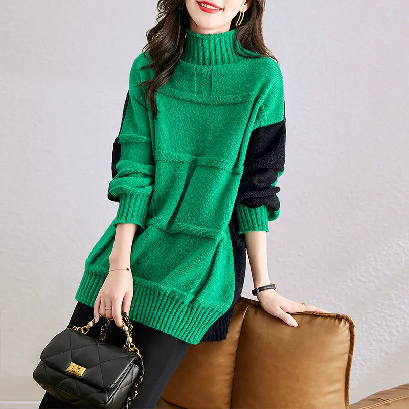 Korean Contrasting Colors Sweaters Autumn Winter Turtleneck Casual Loose Female Clothing Stylish Asymmetrical Knitted Jumpers