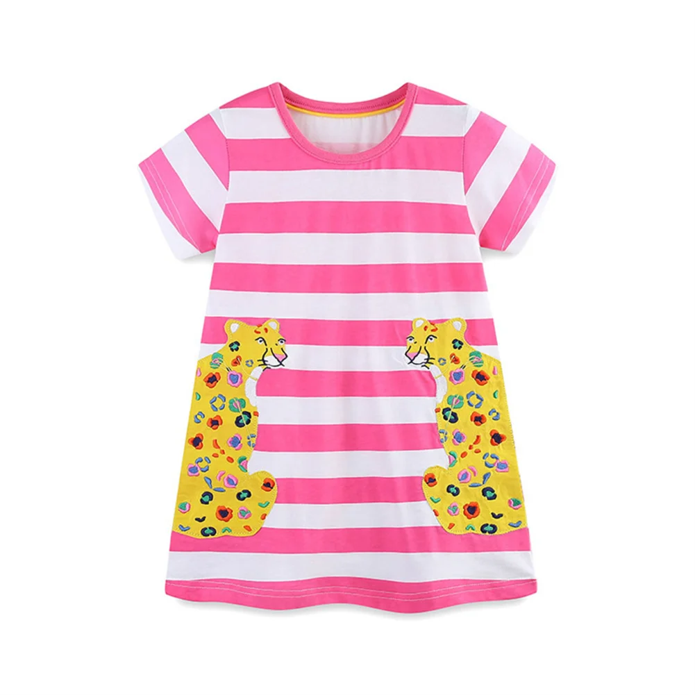 

Girls Short Sleeves Cotton Dress Summer Casual Round Neck Cartoon Animal Embroidery Striped Princess Dress