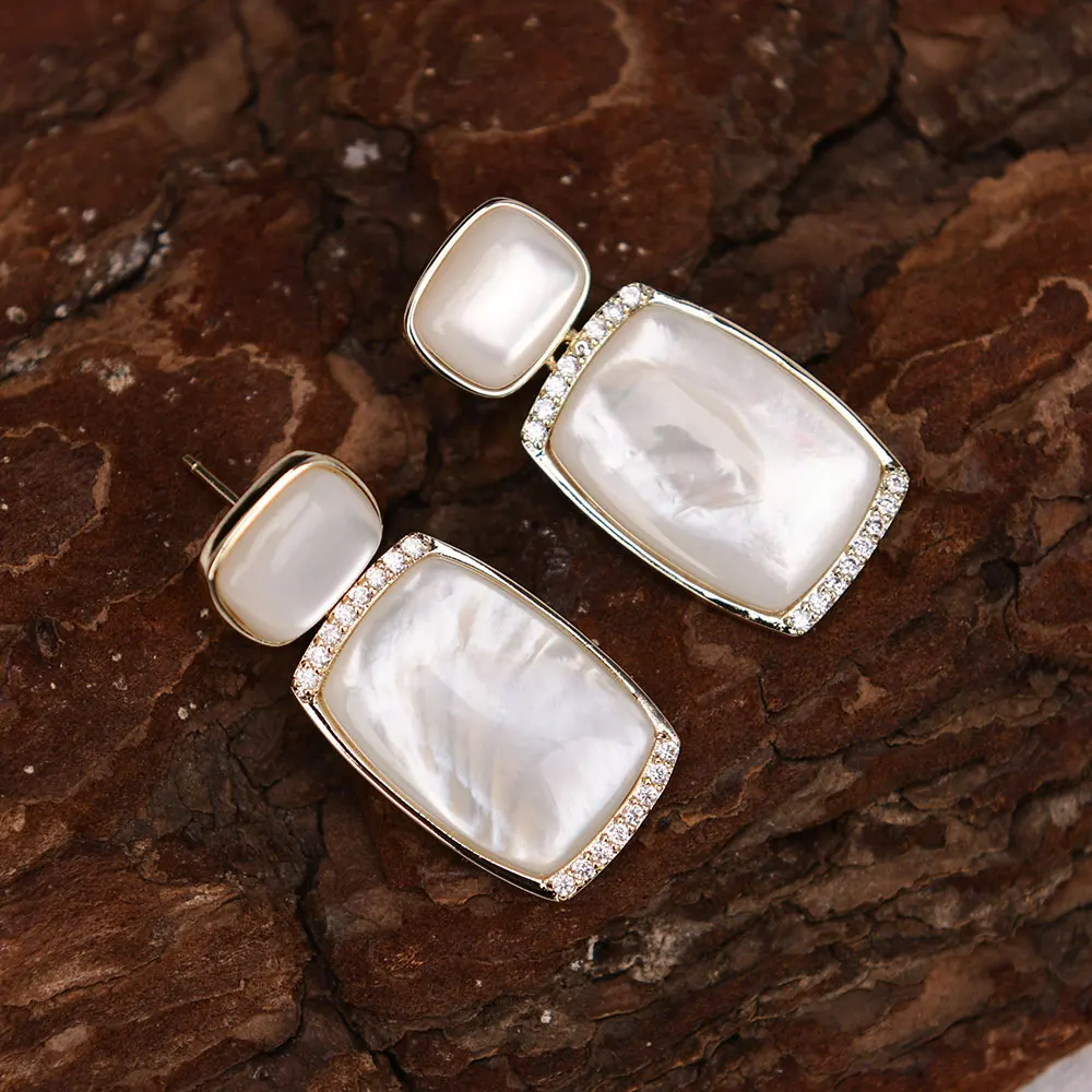 

APDGG Natural White Shell Pearl Cz Paved Stud Dangle Earrings