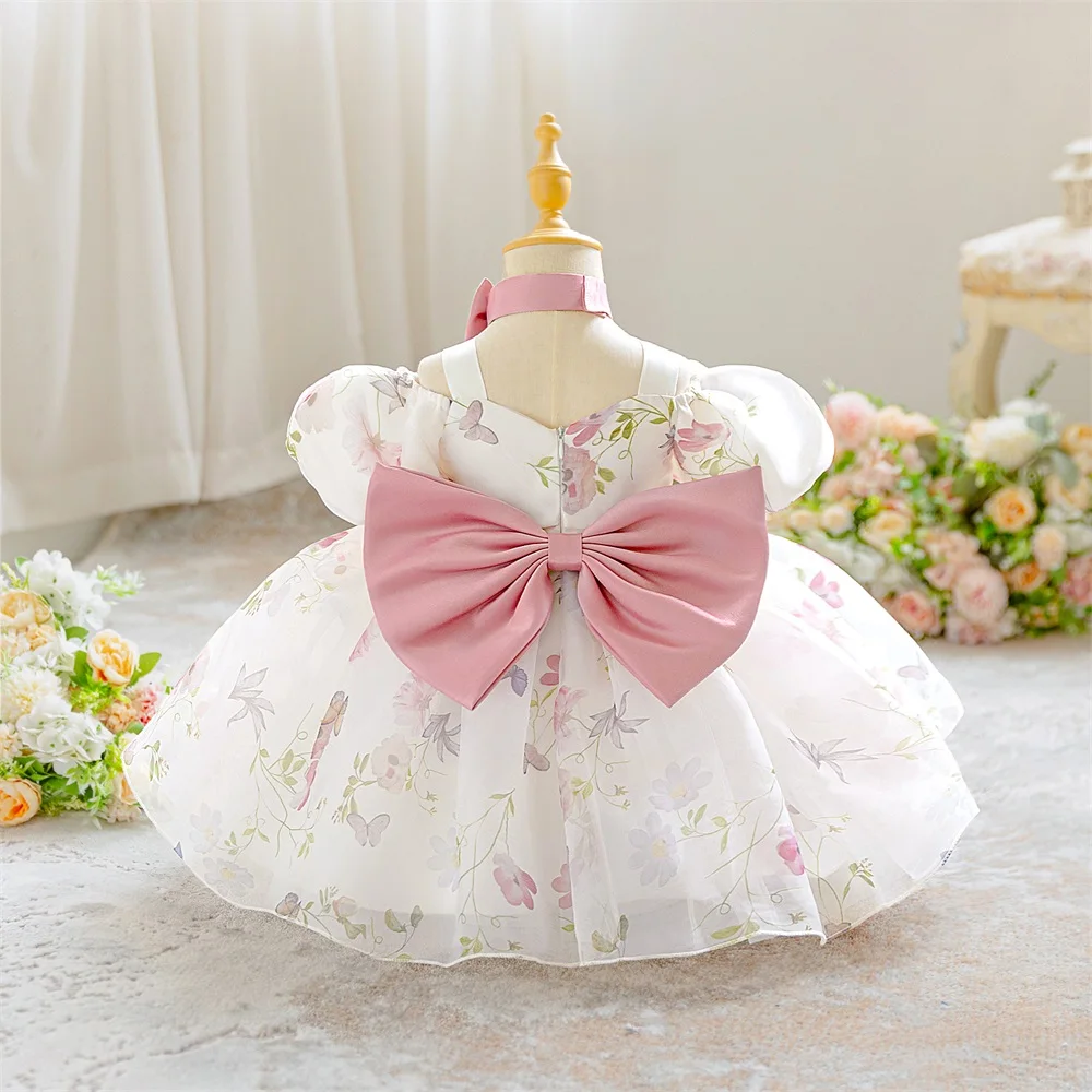 Girl Print Bow Mesh Ball Gown Elegant Princess Prom Host Formal First Birthday Evening Party Banquet Cocktail Dress