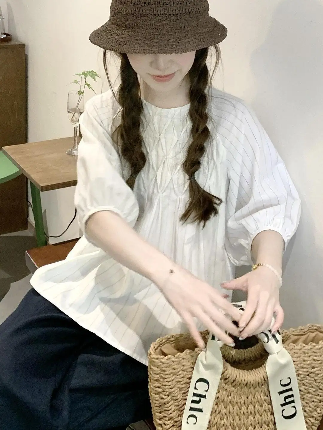 

Sweet Style Bubble Sleeve Shirt plus Size Women's Loose Casual Summer Short Sleeve Doll Shirt Breathable Comfortable Skin-Fri...