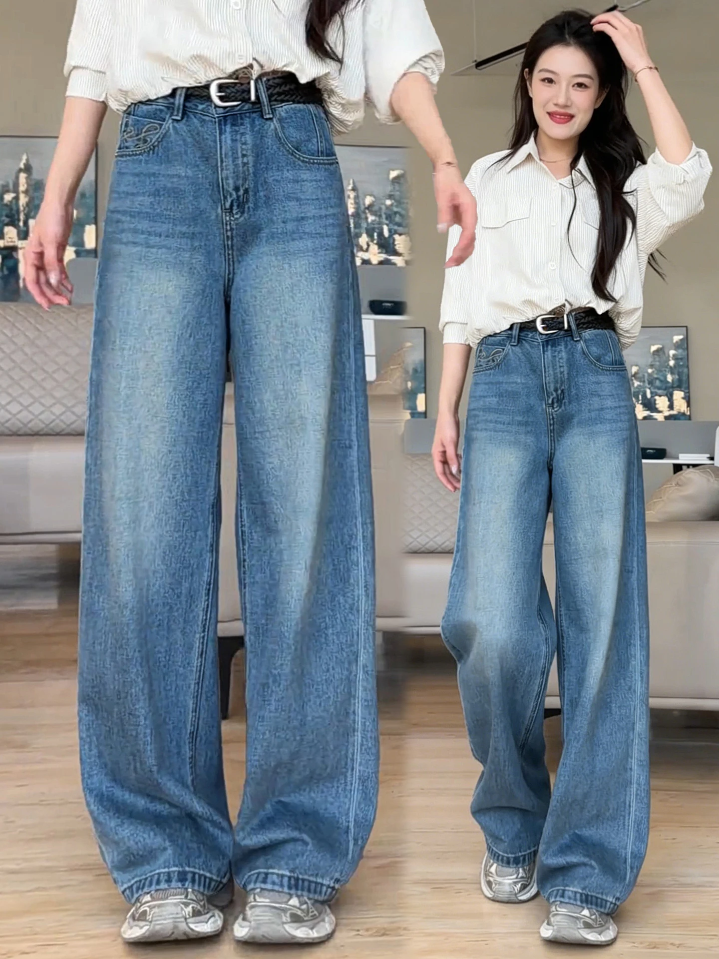 

Женские джинсы Slim Fit с широкими штанинами, весна-осень, с высокой талией, прямые, свободные, с декоративной строчкой, повседневные, из смесового хлопка