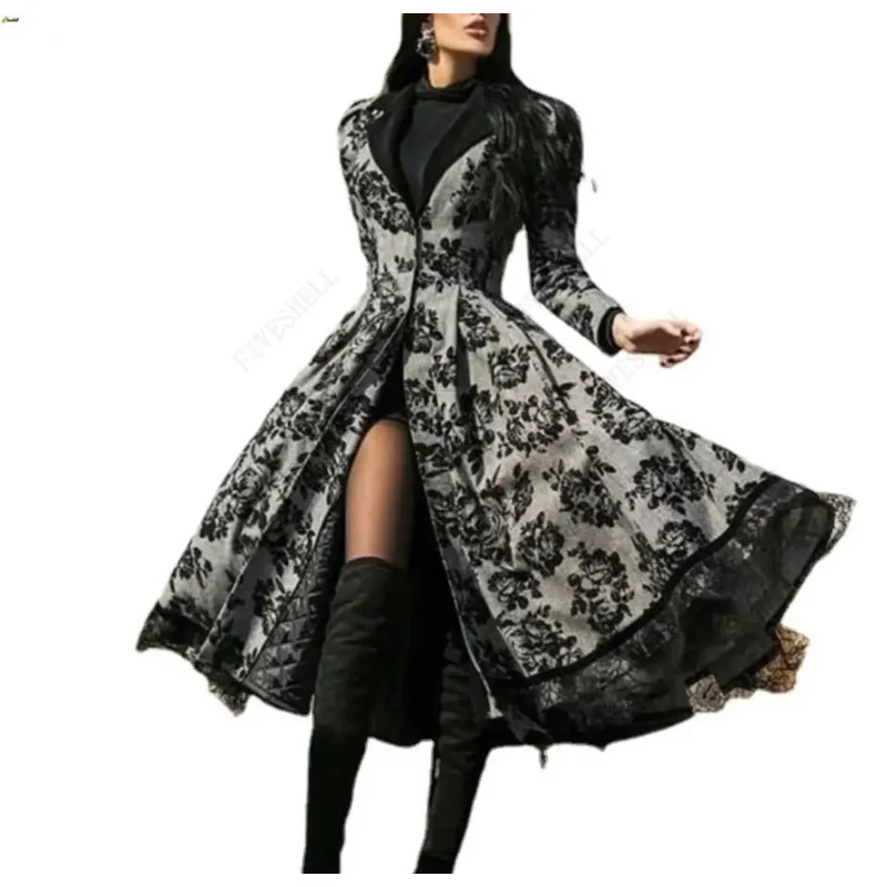 Vestido elegante de manga larga para mujer, abrigo de encaje, costura correcta, línea A, negro, gris, cosplay, elegante, otoño, invierno