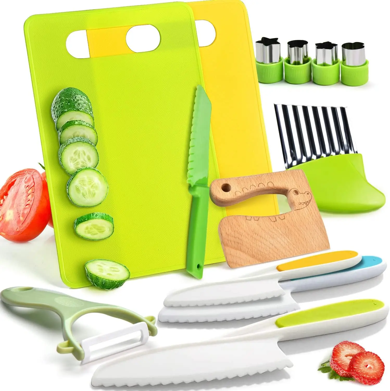 9 Pcs /13 Pcs Kids Kitchen Knife Set, Kids Knives For Real Cooking With Cutting Board, Y Peeler, Crinkle Cutter, Sandwich Cutter, Serrated Edges Plastic Toddler Knife Kid  Knives