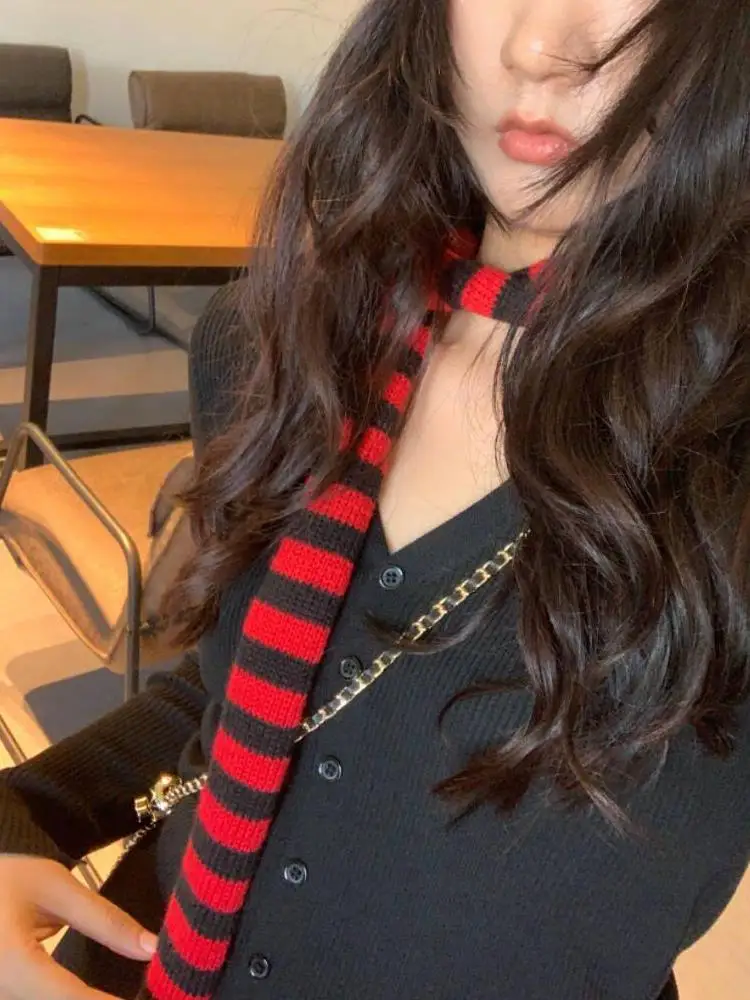 Harajuku قطاع مخطط وشاح متعدد الألوان رقيقة شريط محبوك وشاح الرقبة ضئيلة ضيق الشريط الأوشحة كل مباراة رقيقة منديل