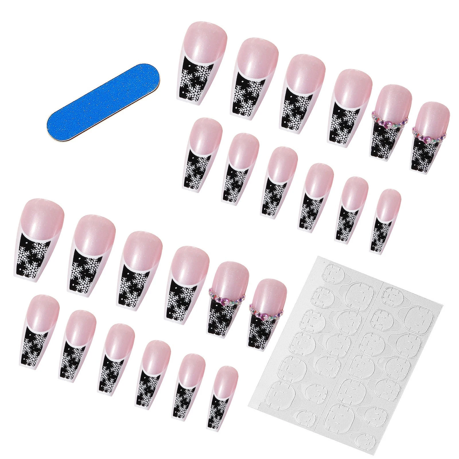 24 قطعة/صندوق أظافر صناعية على شكل ندفة الثلج مرصعة بالألماس سهلة الارتداء وسهلة الإزالة دون الإضرار للأظافر مناسبة لأظافر الشتاء بنفسك #3