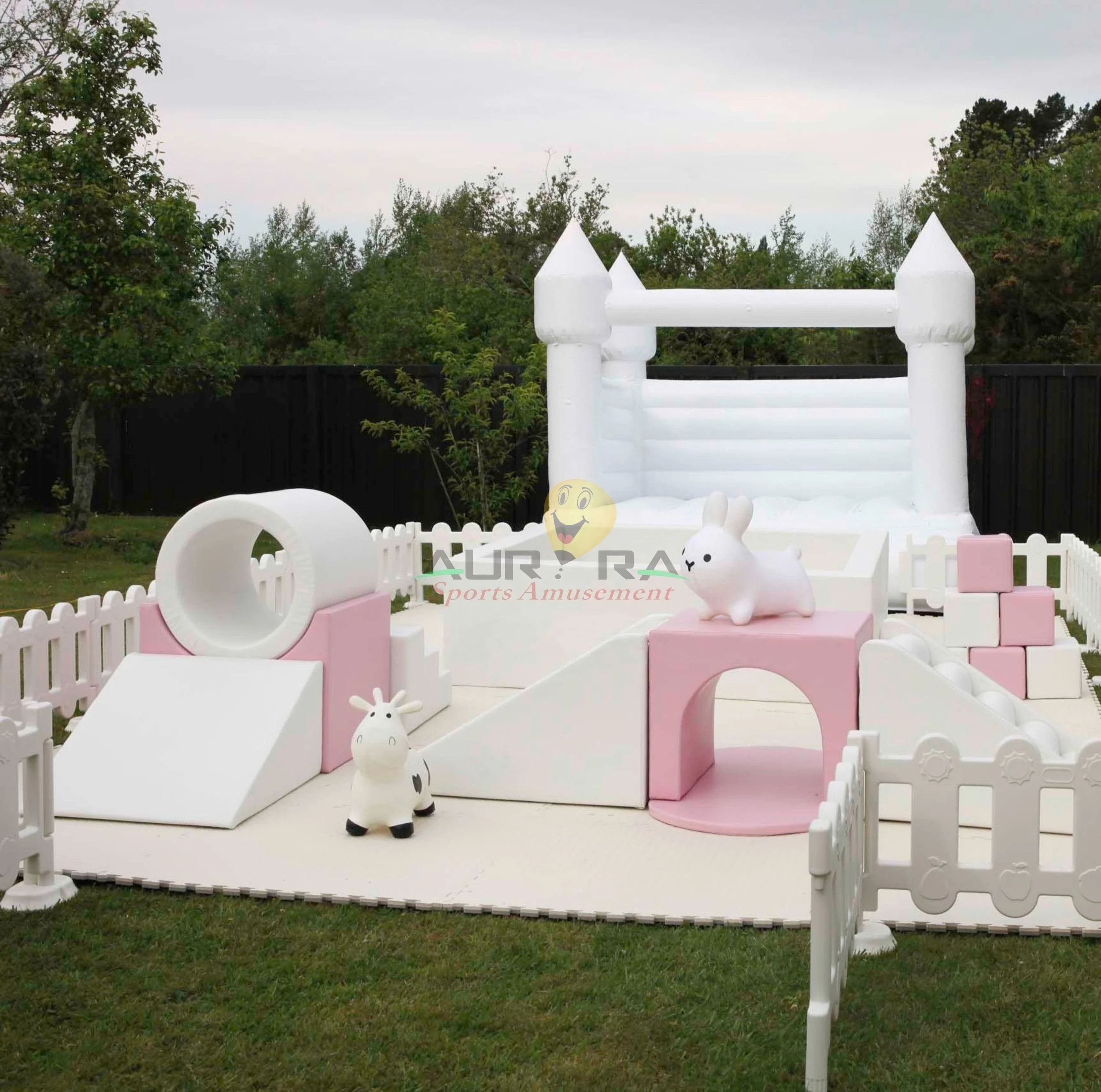 Premium White Inflatable Castle Set for High-End Parties – Includes Soft-Play Ball Pit, Slide, Rocking Horse, and Play Equipment