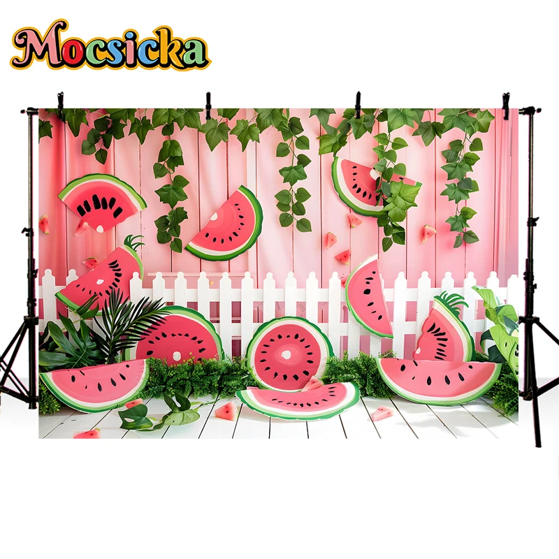 Mocsicka Photography Background Summer Watermelon Theme Green Leaf Fence Decor Birthday Party Cake Smash Backdrop Photo Studio